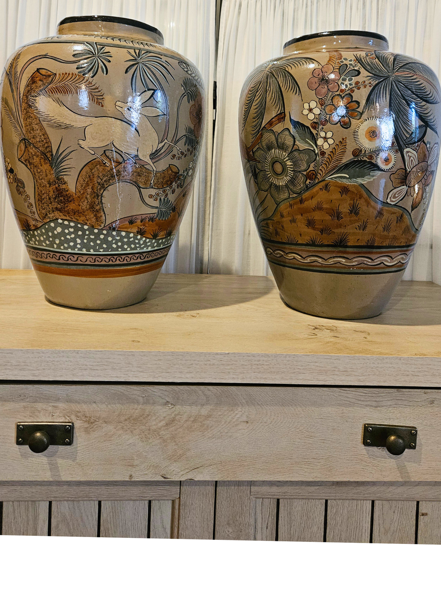 Pair of Large Rare Vintage Tonala Pottery Vases